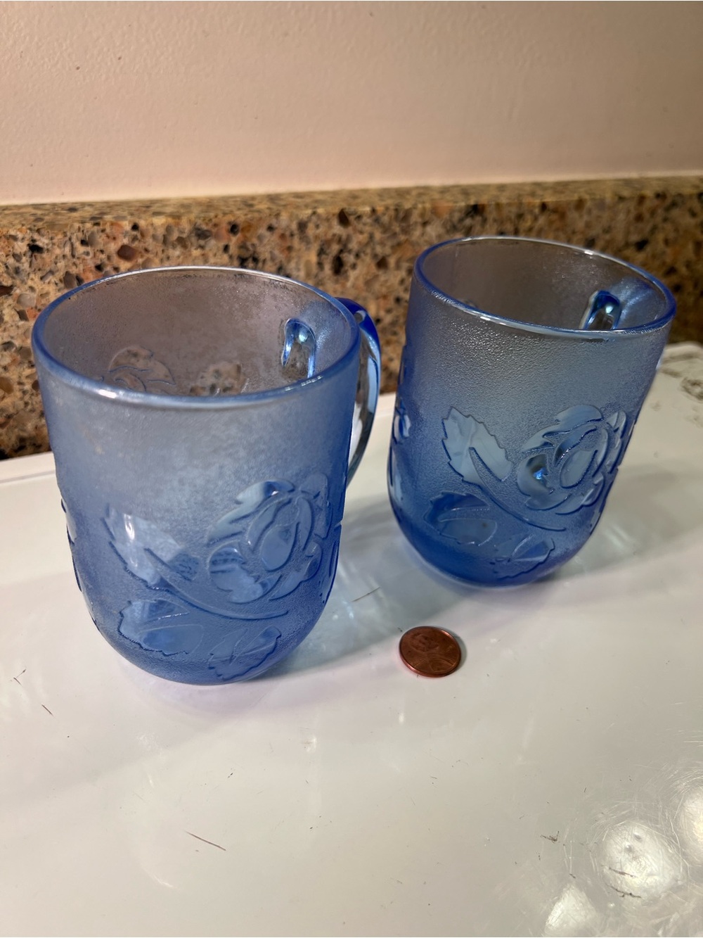 Blue Embossed Glass Mugs - Set of 2 by Arcoroc from France 4”Tall, 3” Wide